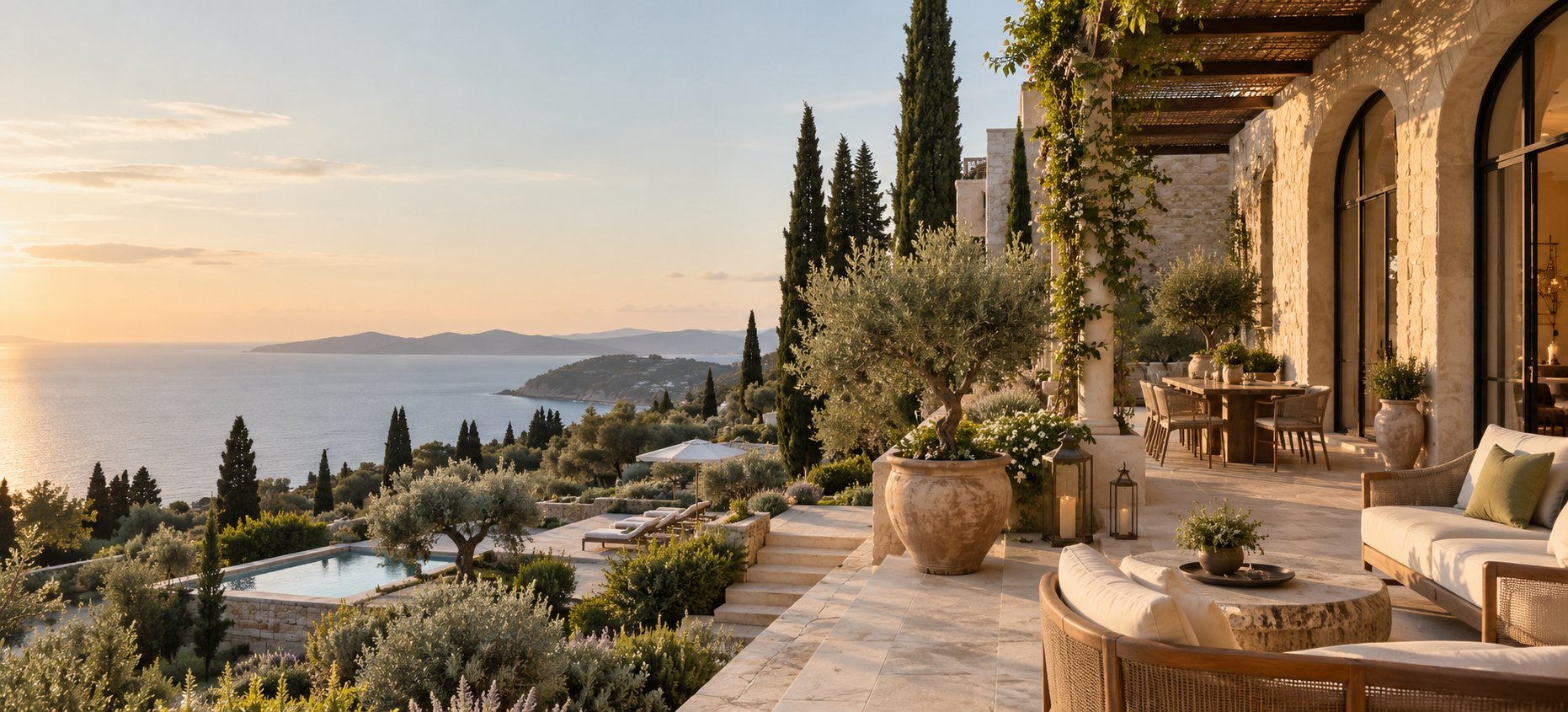 Sunlit boutique hotel terrace overlooking the sea